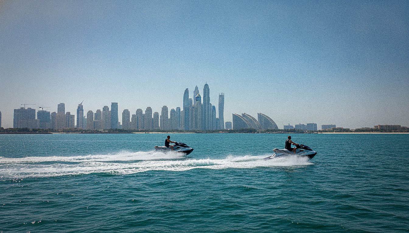 Deux jet-skis côte à côte sur l'eau turquoise de Dubai Marina pendant une session guidée réservée en ligne