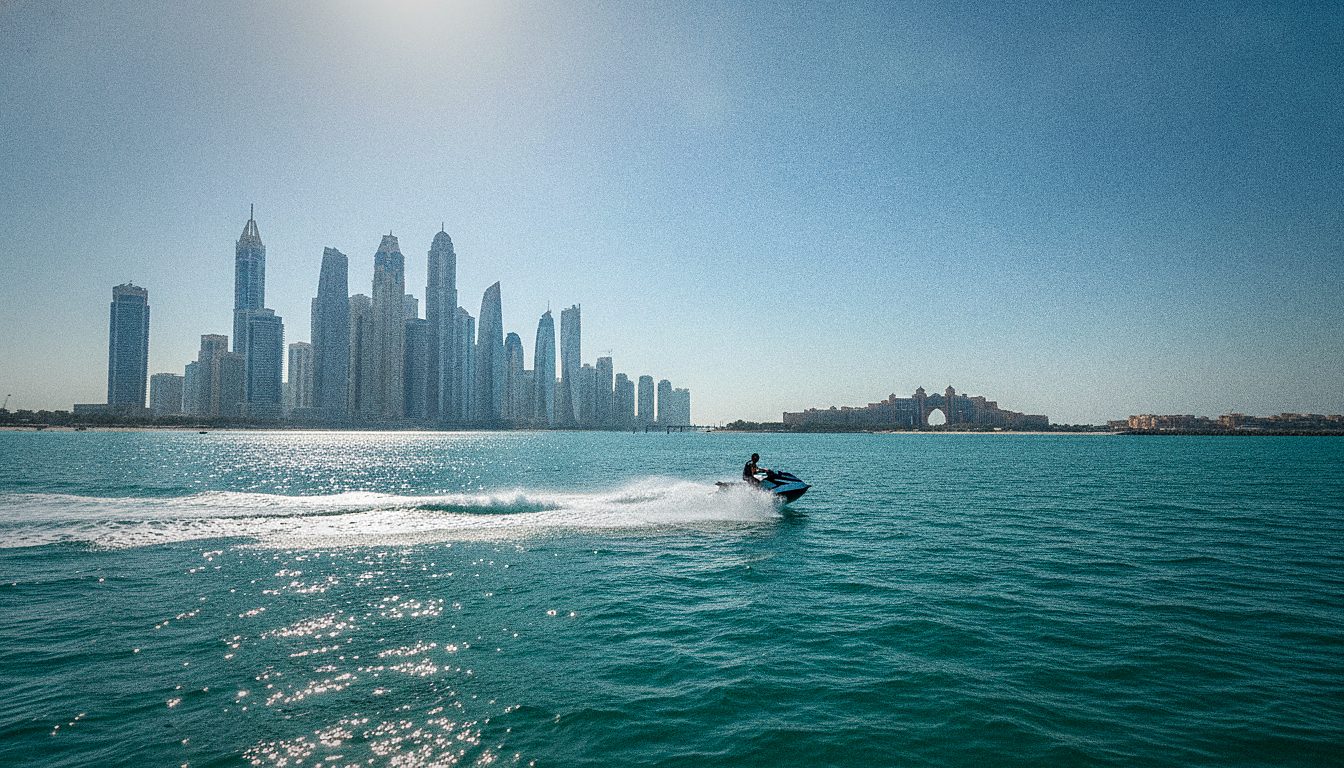 Personne pilotant un jet-ski à pleine vitesse devant les gratte-ciel de Dubai Marina, réservation en ligne