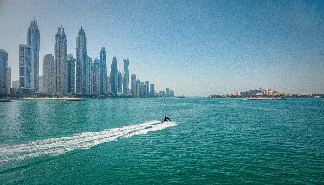 Coucher de soleil orangé sur la skyline de Dubai Marina vu depuis l'eau