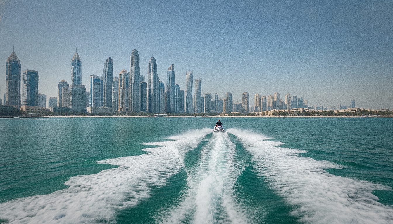 Jet ski vu de dos filant entre les gratte-ciel de Dubai Marina au coucher du soleil
